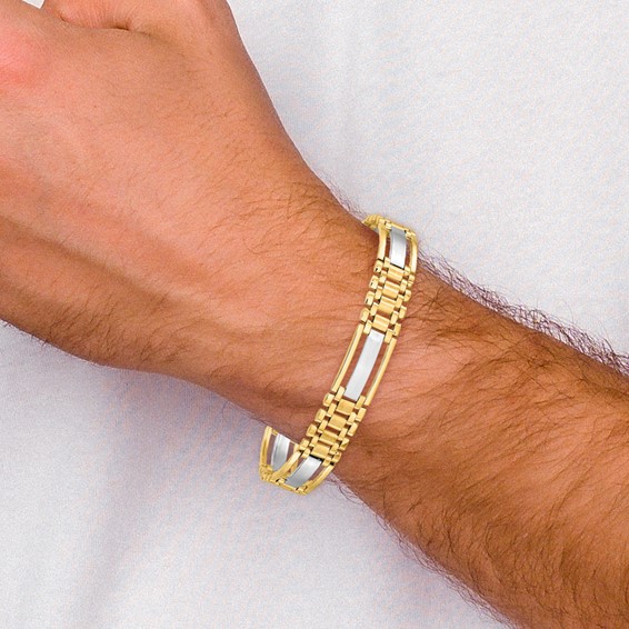 14k Two-tone Polished and Satin 10.2mm Multi Link with Bars 8.75 inch Mens Bracelet