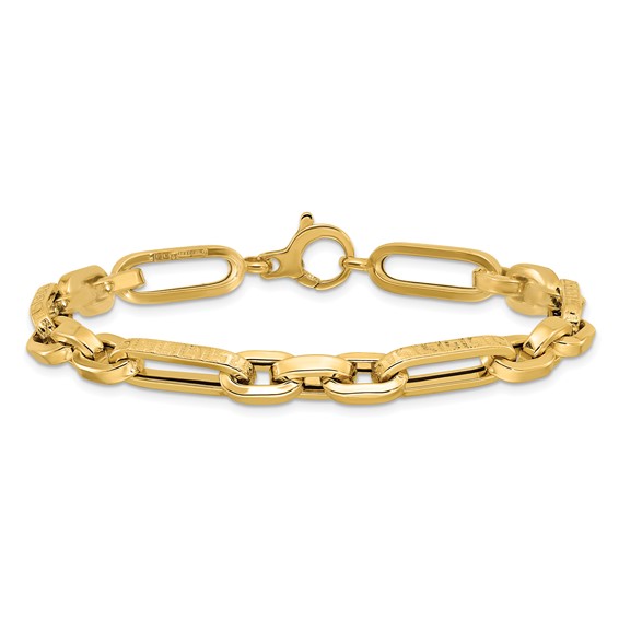 14K Polished and Textured 7.2mm Greek Key Design Figaro Cable Link 8 inch Bracelet