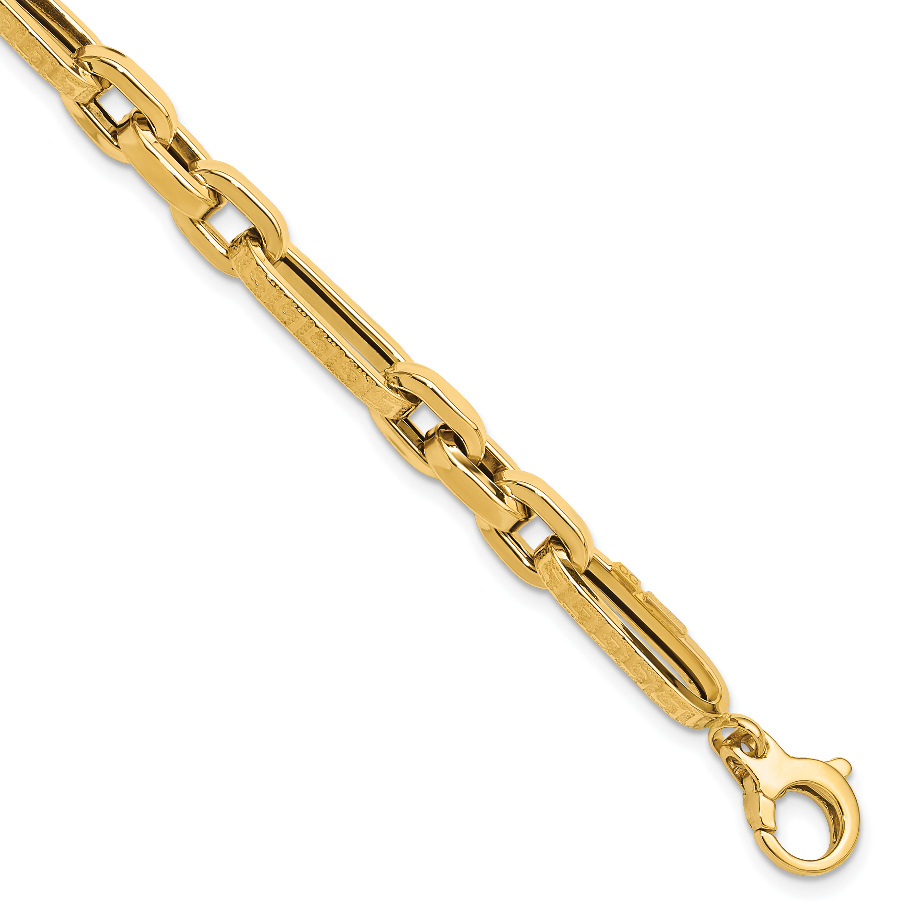 14K Polished and Textured 7.2mm Greek Key Design Figaro Cable Link 8 inch Bracelet (GB287-8)