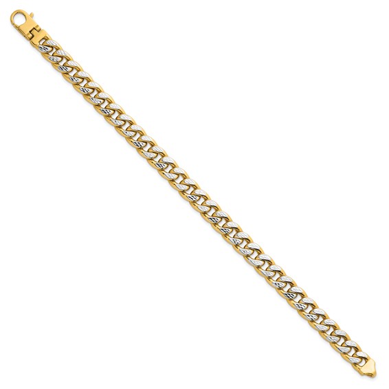 14k with White Rhodium Pave Textured 8.5mm Flat Curb Chain 8.5 inch Mens Bracelet