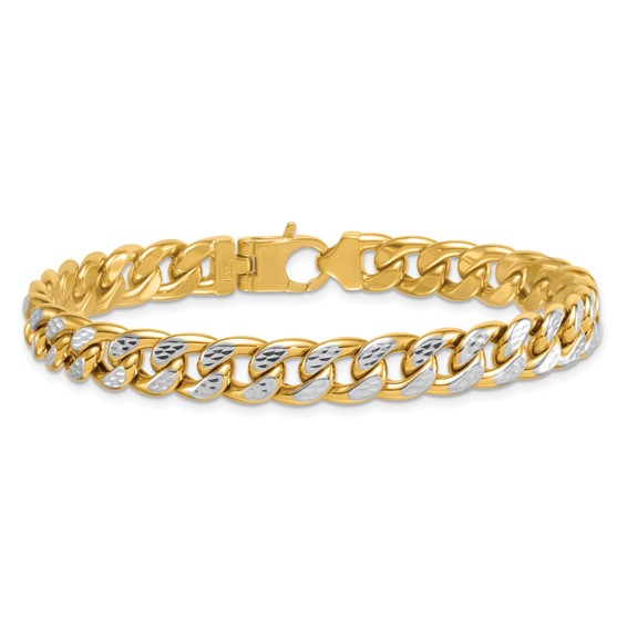 14k with White Rhodium Pave Textured 8.5mm Flat Curb Chain 8.5 inch Mens Bracelet