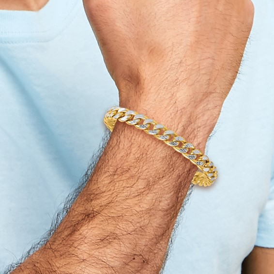 14k with White Rhodium Pave Textured 8.5mm Flat Curb Chain 8.5 inch Mens Bracelet