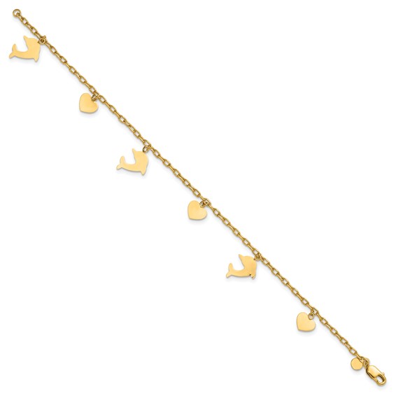 1/20 14K Gold Filled Dolphin and Heart Dangles 7in Bracelet
