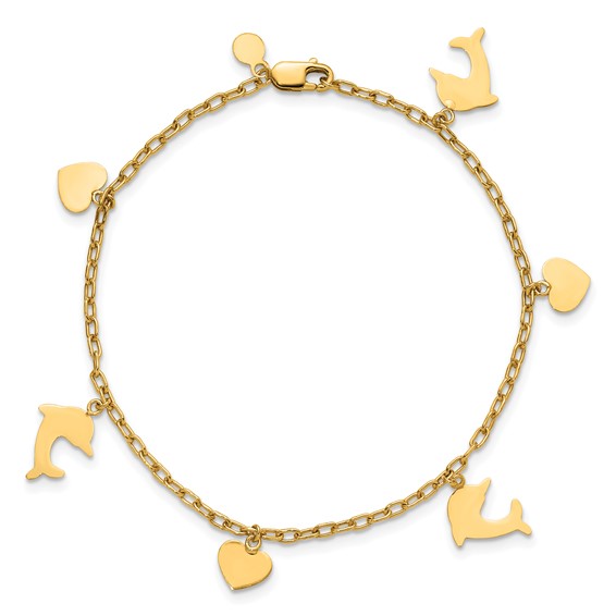 1/20 14K Gold Filled Dolphin and Heart Dangles 7in Bracelet