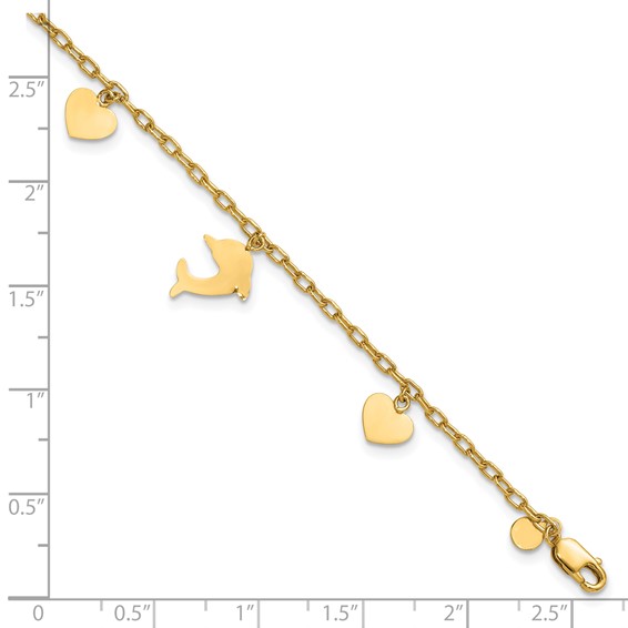 1/20 14K Gold Filled Dolphin and Heart Dangles 7in Bracelet
