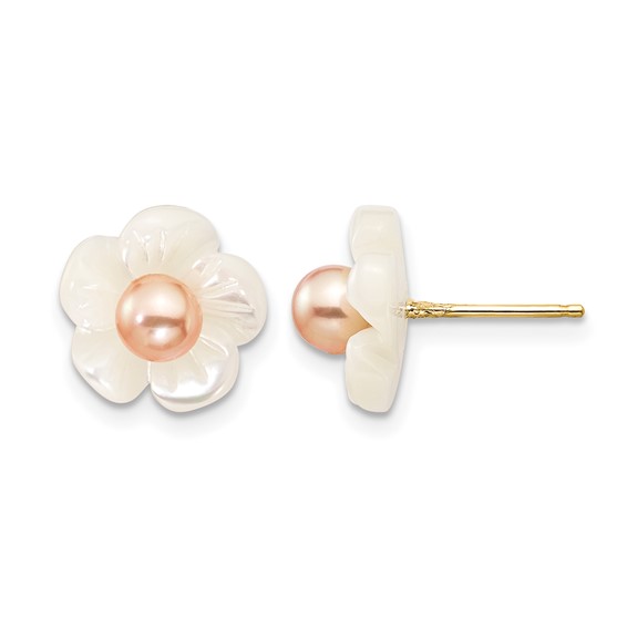 1/20 14K Gold Filled 3-4mm Pink FWC Pearl MOP Flower Post Earrings