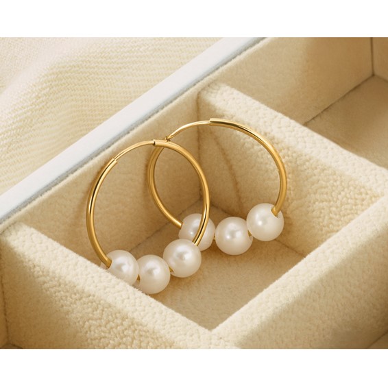 1/20 14K Gold Filled 5-6mm 3 Round White FWC Pearl Hoop Earrings
