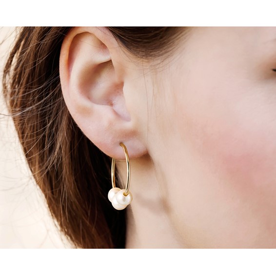 1/20 14K Gold Filled 5-6mm 3 Round White FWC Pearl Hoop Earrings