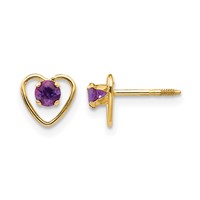 14K Yellow Gold Madi K 3mm Round Genuine Amethyst Birthstone Heart Screwback Post Earrings view 1
