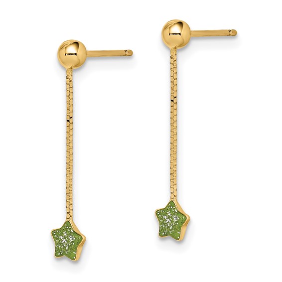 14k Madi K Green Enameled Star Chain Dangle Childrens Post Earrings