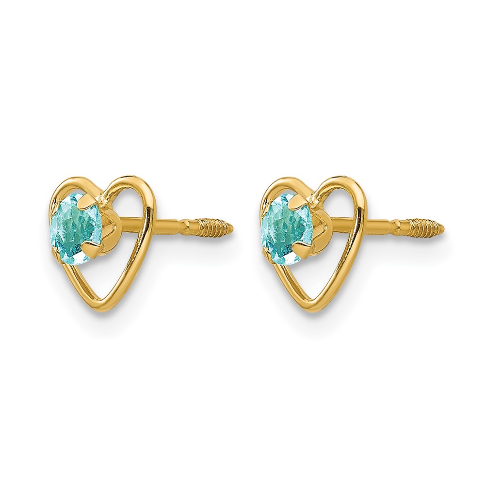 14k Madi K 3mm Genuine Aquamarine Birthstone Heart Earrings (GK102)