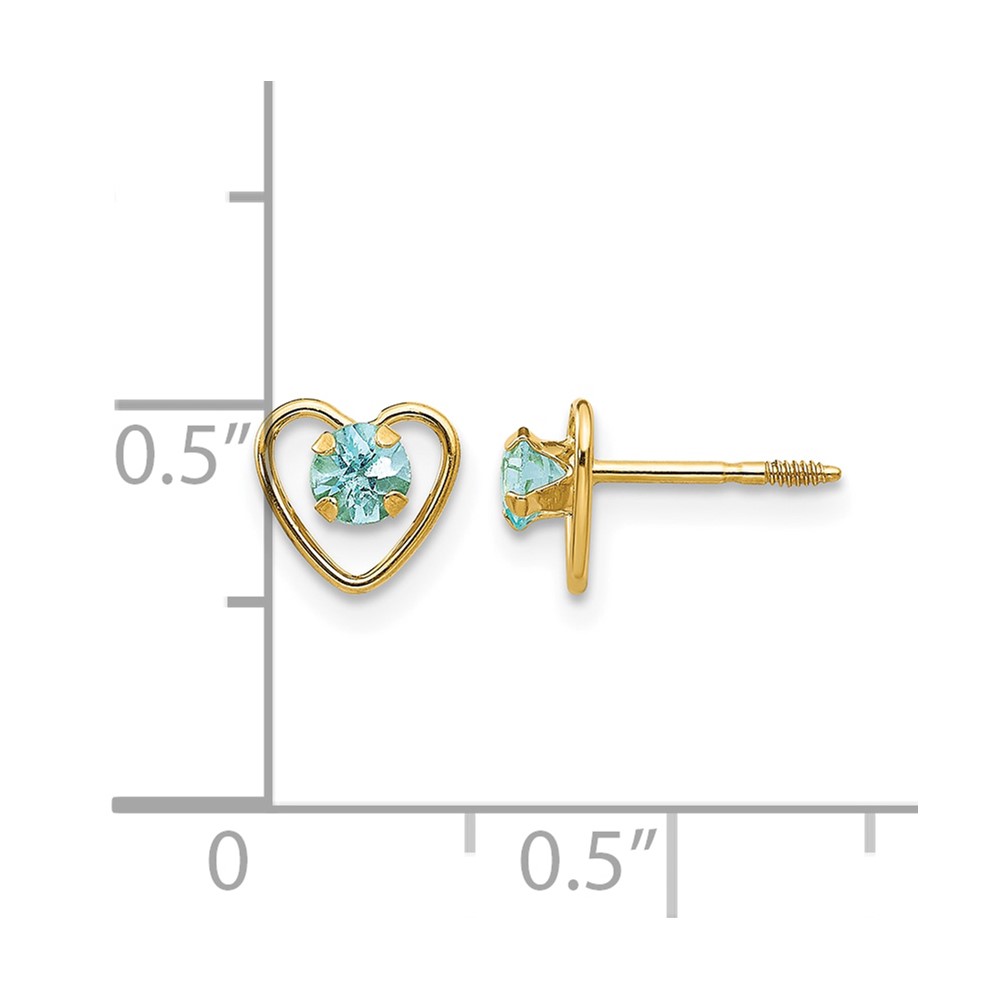 14k Madi K 3mm Genuine Aquamarine Birthstone Heart Earrings (GK102)