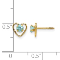 14K Yellow Gold Madi K 3mm Round Genuine Aquamarine Birthstone Heart Screwback Post Earrings view 4