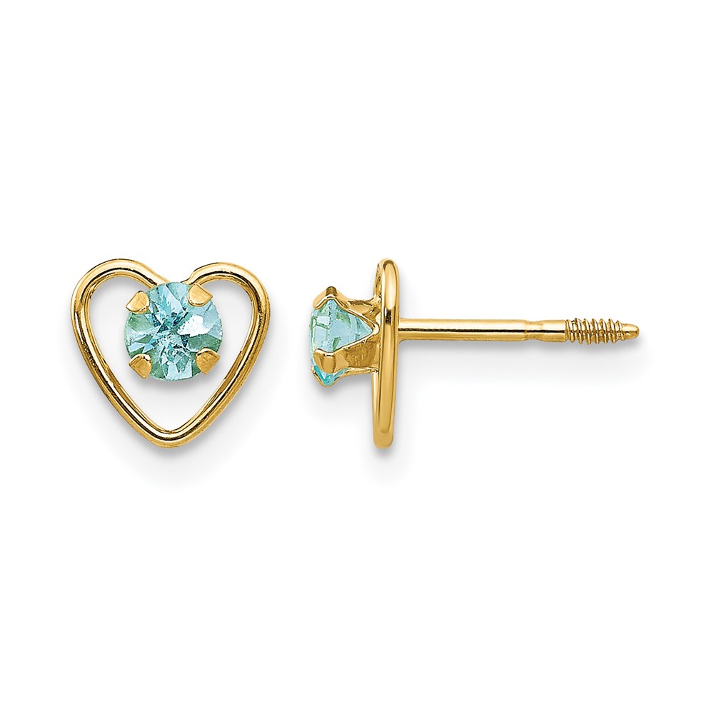 14k Madi K 3mm Genuine Aquamarine Birthstone Heart Earrings (GK102)