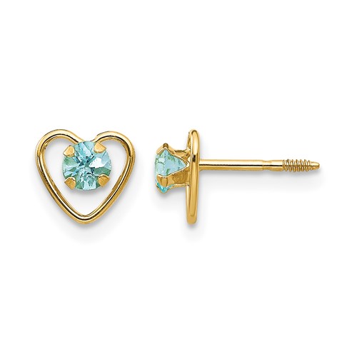 14K Yellow Gold Madi K 3mm Round Genuine Aquamarine Birthstone Heart Screwback Post Earrings