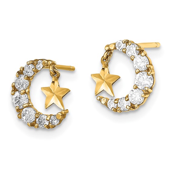 14k Madi K CZ Crescent Moon with Diamond-cut Star Dangle Childrens Post Earrings