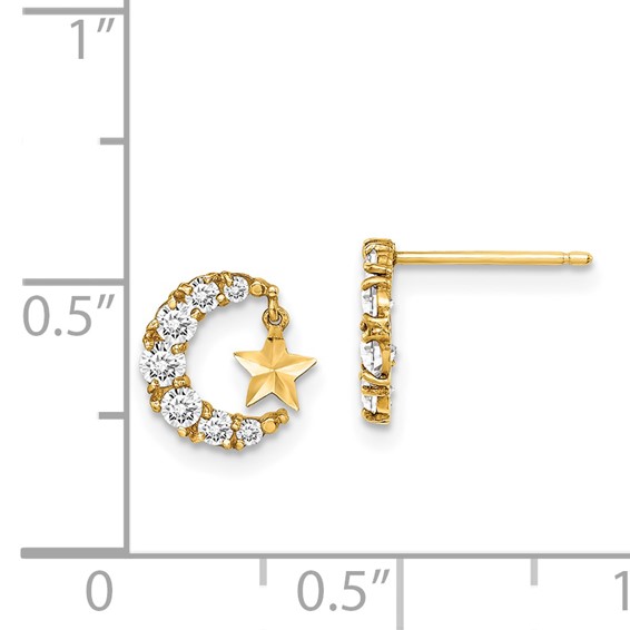 14k Madi K CZ Crescent Moon with Diamond-cut Star Dangle Childrens Post Earrings