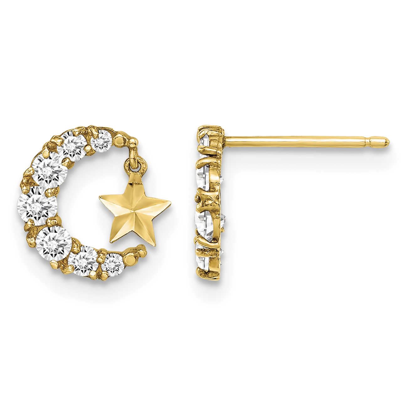 14k Madi K CZ Crescent Moon with D/C Star Dangle Post Earrings (GK1028)