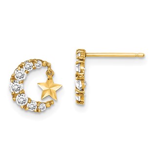 14k Madi K CZ Crescent Moon with Diamond-cut Star Dangle Childrens Post Earrings