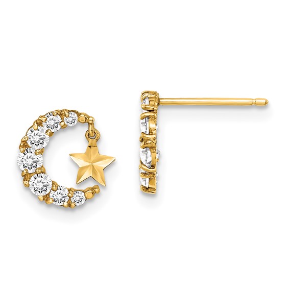 14k Madi K CZ Crescent Moon with Diamond-cut Star Dangle Childrens Post Earrings