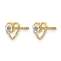 14K Yellow Gold Madi K 3mm Round Genuine White Topaz Birthstone Heart Screwback Post Earrings view 2