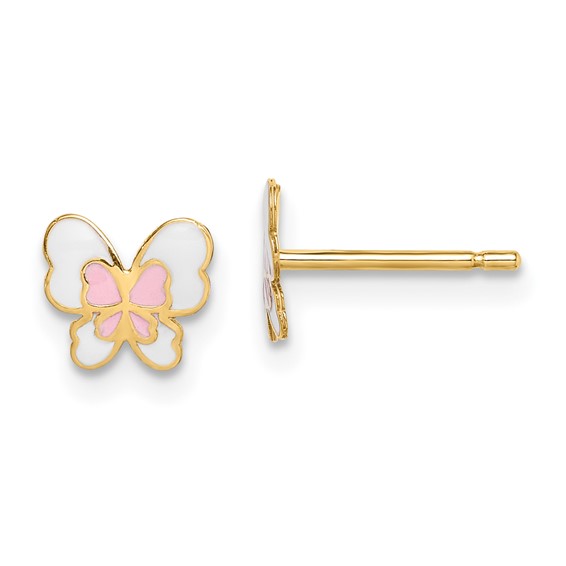 14k Madi K Pink and White Enamel Butterfly Childrens Post Earrings