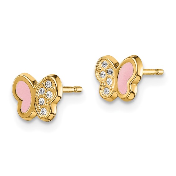 14k Madi K CZ and Pink Enamel Butterfly Childrens Post Earrings