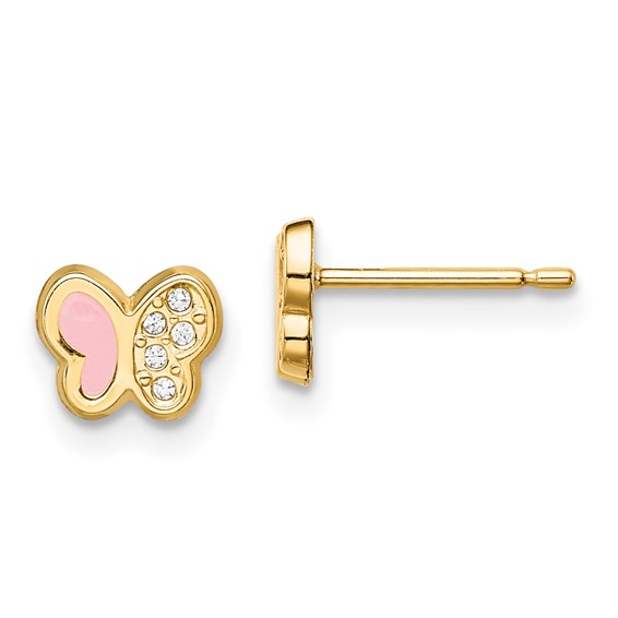 14k Madi K CZ and Pink Enamel Butterfly Childrens Post Earrings