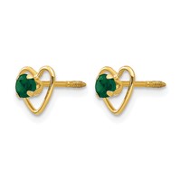 14K Yellow Gold Madi K 3mm Round Lab Created Emerald Birthstone Heart Screwback Post Earrings view 2