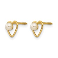 14K Yellow Gold Madi K 3mm Round White Freshwater Cultured Pearl Birthstone Heart Screwback Post Earrings view 2