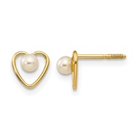 14K Yellow Gold Madi K 3mm Round White Freshwater Cultured Pearl Birthstone Heart Screwback Post Earrings view 1