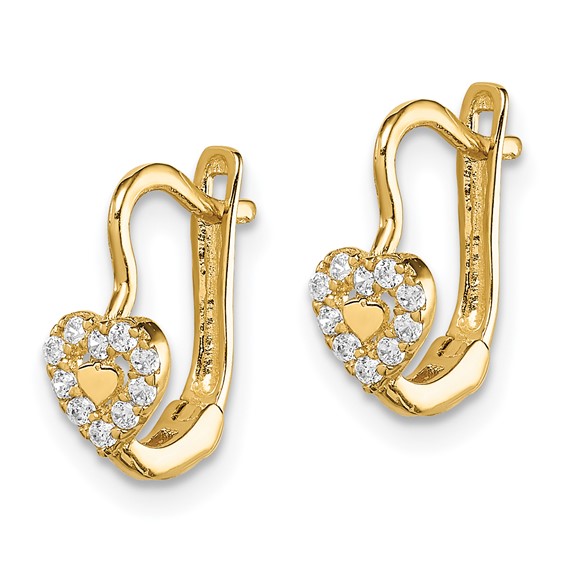 14k Madi K CZ Double Heart Childrens Hinged Earrings