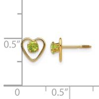 14K Yellow Gold Madi K 3mm Round Genuine Peridot Birthstone Heart Screwback Post Earrings view 4