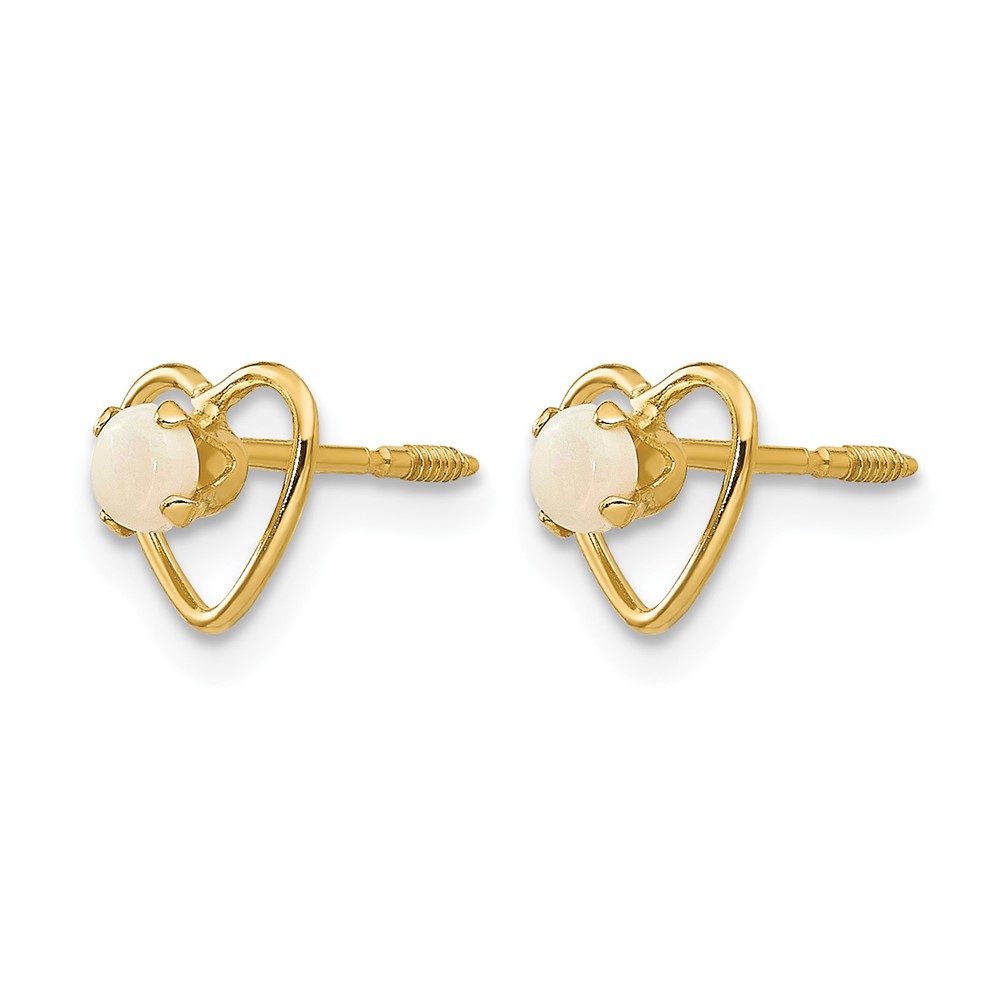 14k Madi K 3mm Imitation Opal Birthstone Heart Earrings (GK109)