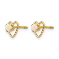 14K Yellow Gold Madi K 3mm Round Imitation Opal Birthstone Heart Screwback Post Earrings view 2