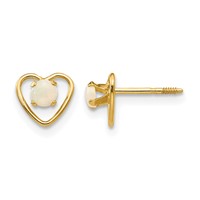 14K Yellow Gold Madi K 3mm Round Imitation Opal Birthstone Heart Screwback Post Earrings view 1