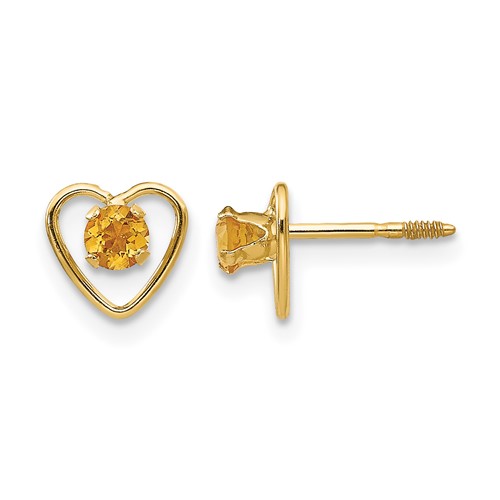 14K Yellow Gold Madi K 3mm Round Genuine Citrine Birthstone Heart Screwback Post Earrings