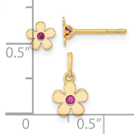 14K Madi K Polished CZ Flower Post Earrings and Flower Pendant Childrens Set