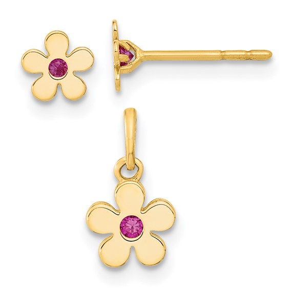 14K Madi K Polished CZ Flower Post Earrings and Flower Pendant Childrens Set