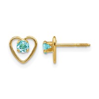 14K Yellow Gold Madi K 3mm Round Genuine Blue Topaz Birthstone Heart Screwback Post Earrings view 1