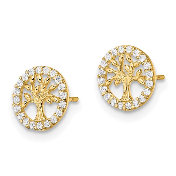 14K Madi K Polished White CZ Tree of Life Childrens Post Earrings