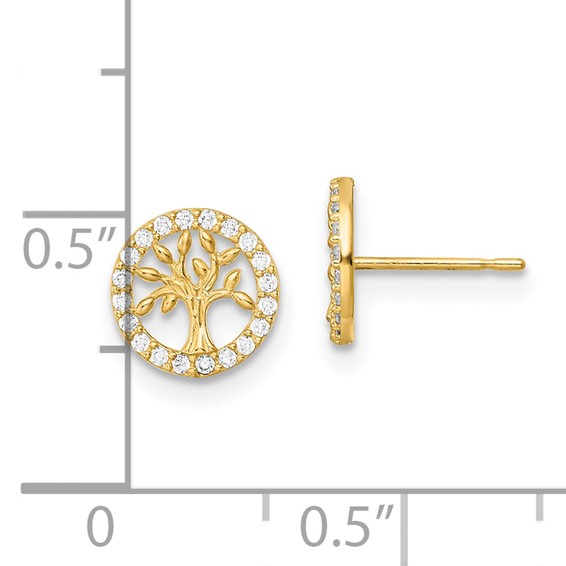14K Madi K Polished White CZ Tree of Life Childrens Post Earrings