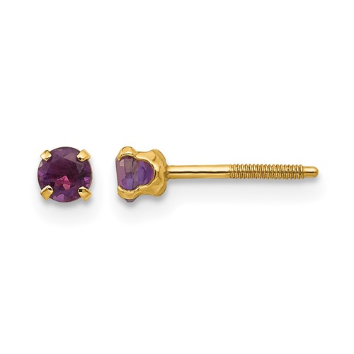 14K Yellow Gold Madi K 3mm Round Amethyst Birthstone Screwback Post Earrings