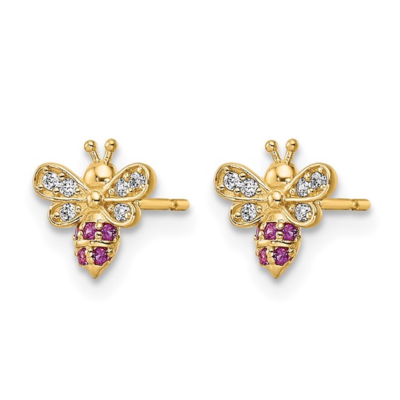 14k Madi K Clear and Red CZ Bee Childrens Post Earrings