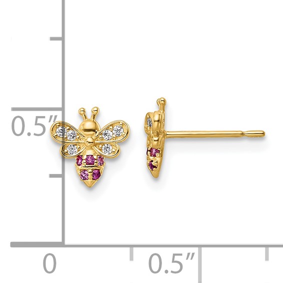 14k Madi K Clear and Red CZ Bee Childrens Post Earrings