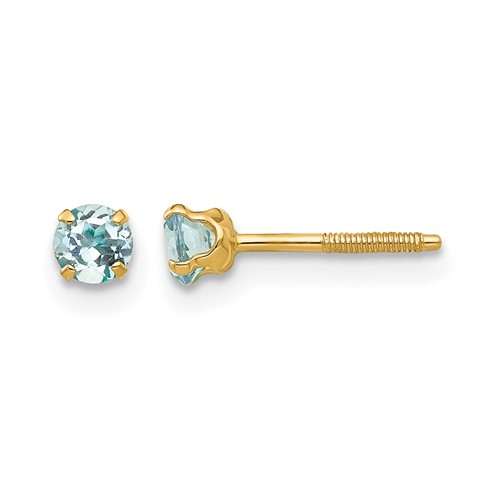 14K Yellow Gold Madi K 3mm Round Aquamarine Birthstone Screwback Post Earrings