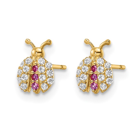 14k Madi K Clear and Red CZ Ladybug Post Earrings