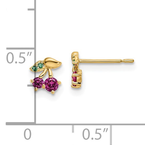 14k Madi K Red CZ and Green Glass Cherry Childrens Post Earrings