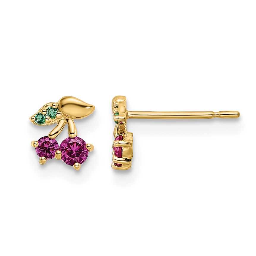 14k Madi K Red CZ & Green Glass Cherry Post Earrings (GK1142)