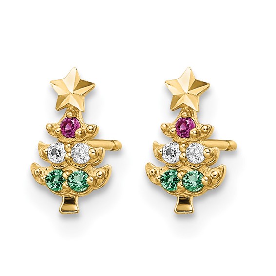 14k Madi K Red CZ/Clear CZ/Green Glass Christmas Tree Childrens Post Earrings